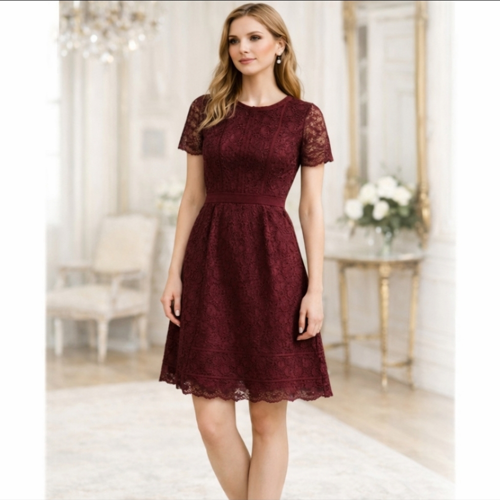 Talbots Burgundy Dress Lace Short Sleeve Party Evening Special Occasions 4 EUC